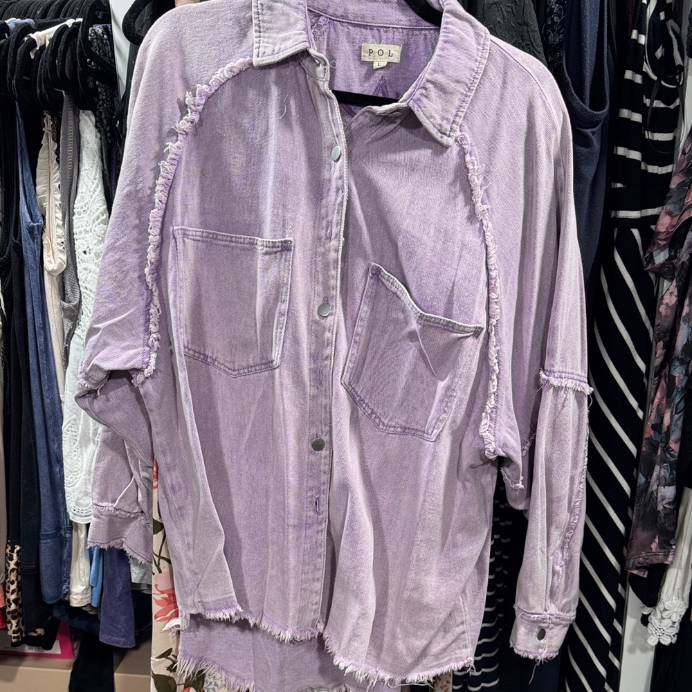 POL Lavender Frayed Denim Shirt